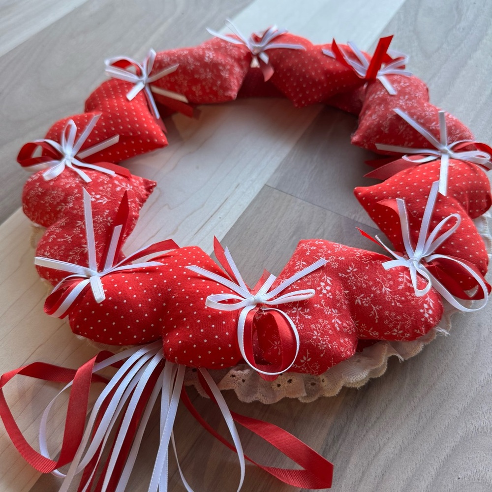 Vintage Red heart Wreath with white accents. Cottagecore vibes! 11inches across.
